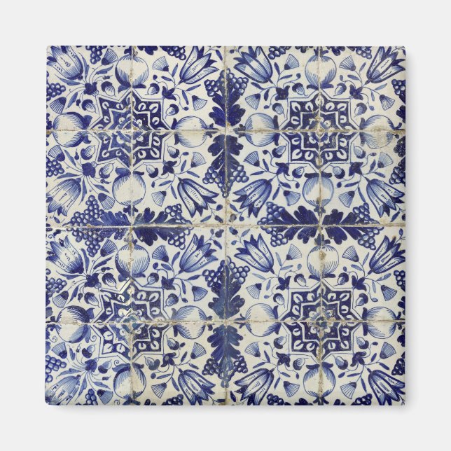 Íman Padrão de Azulejo Branco Geométrico Azul Vintage (Frente)