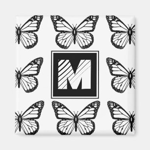 Íman Padrão de Borboleta Preto e Branco Monograma