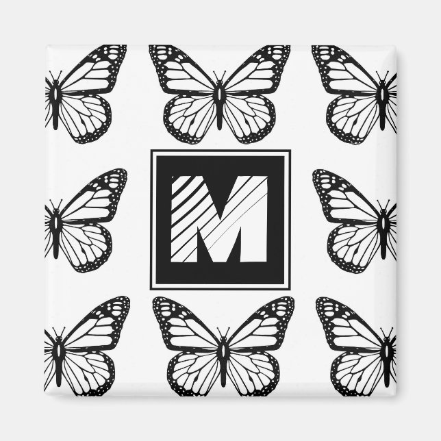 Íman Padrão de Borboleta Preto e Branco Monograma (Frente)