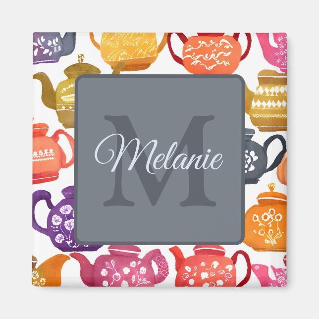 Íman Padrão de bule de chá aquarela personalizado com m (Frente)