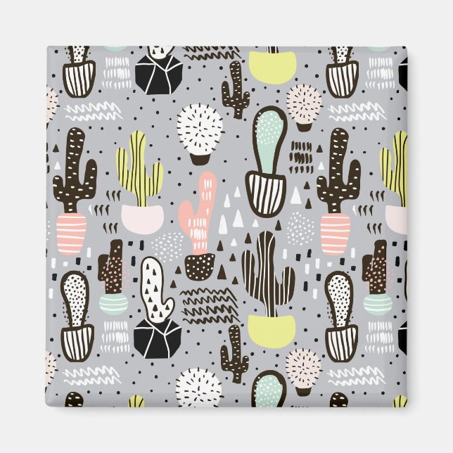 Íman Padrão de Cactus Texturizado Desenhado À Mão (Frente)