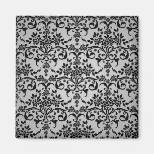 Íman Padrão de damasco floral branco prateado e preto