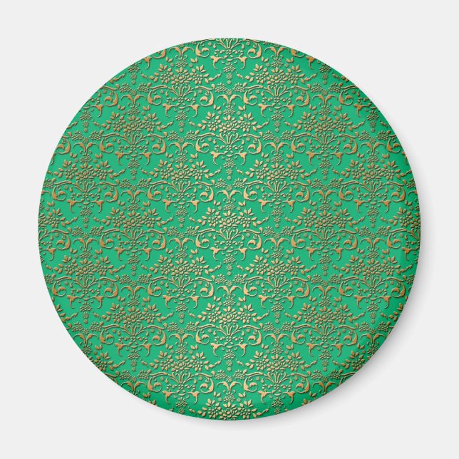 Íman Padrão de Damasco Verde e Dourado Chique (Frente)