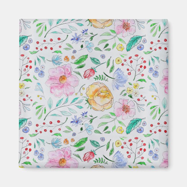 Íman Padrão de Flores e Botões de Aquarela Leve e Bonit (Frente)
