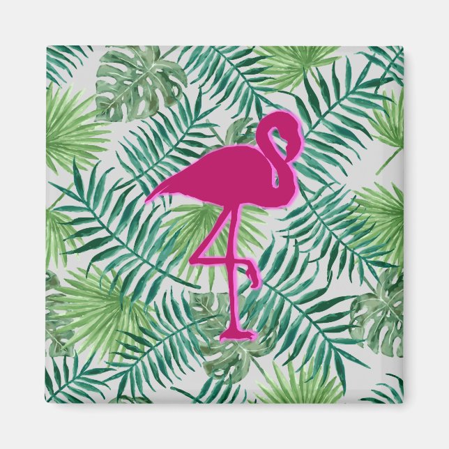Íman Padrão de Folhas Tropicais Exóticas e Flamingo Ros (Frente)