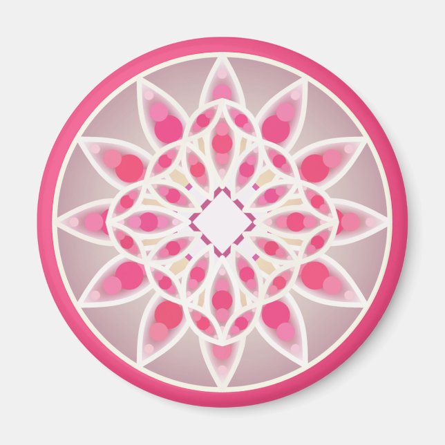 Íman Padrão de Mandala em rosa-quente, branco e cinzas (Frente)