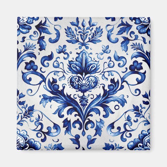 Íman Padrão de ornamento floral do estilo Delft azul e  (Frente)