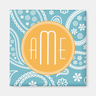 Íman Padrão de Paisley Azul Aqua Floral e Monograma Ama