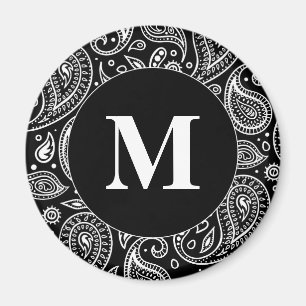 Íman Padrão de Paisley Floral Branco e Preto do Monogr