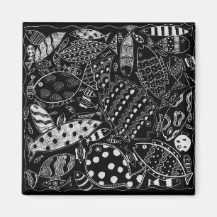 Íman Padrão de Peixes Preto e Branco Arte Moderna