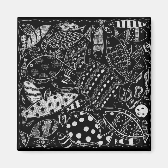 Íman Padrão de Peixes Preto e Branco Arte Moderna (Frente)