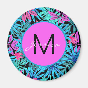 Íman Padrão de planta tropical azul rosa néon personali