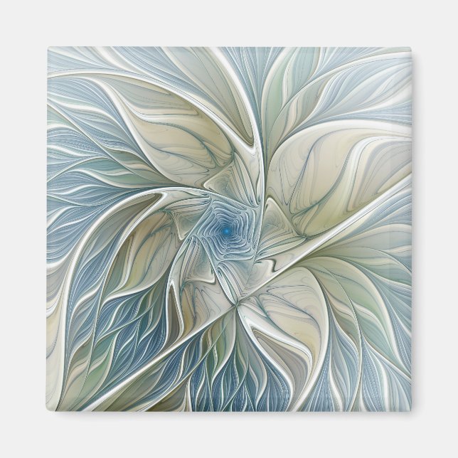 Íman Padrão de Sonho Floral Abstrato Azul Khaki Fractal (Frente)