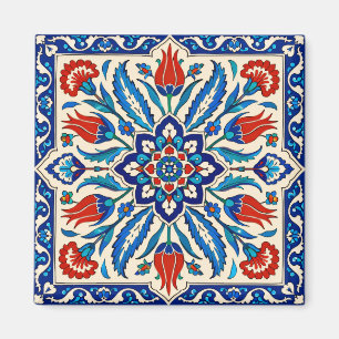 Íman Padrão de Tulipa Azul Vermelha em Estilo Otomano