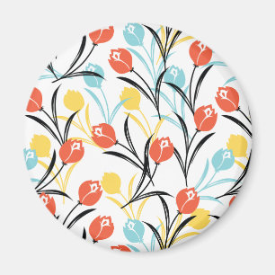 Íman Padrão de Tulipas Vibrante Design Floral em Branco