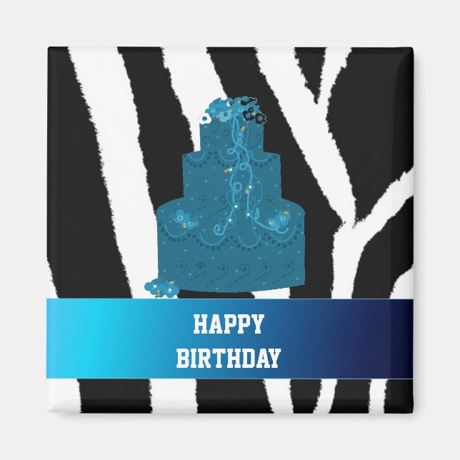 Íman Padrão de Zebra com Bolo de Aniversário (Frente)