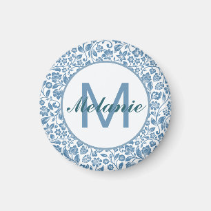Íman Padrão Floral Azul Branco Vintage Personalizado