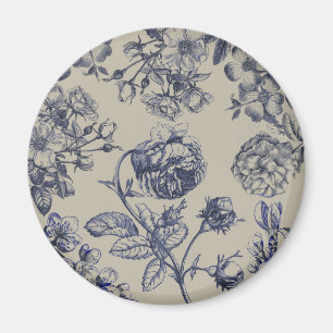 Íman Padrão Floral Botânico Toile Azul Vintage