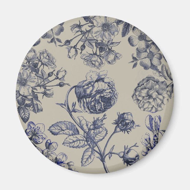 Íman Padrão Floral Botânico Toile Azul Vintage (Frente)