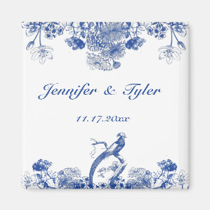 Íman Padrão Floral Chinês Azul e Branco com Pássaro