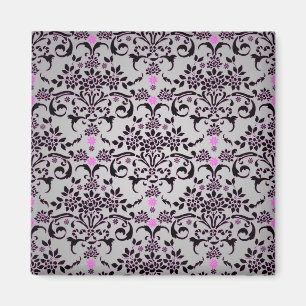 Íman Padrão Floral Damasco Preto Prateado Roxo Elegante