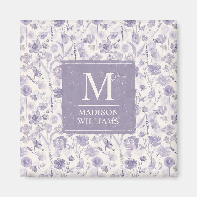 Íman Padrão Floral de Flores de Lavanda Roxo Aquarela (Frente)