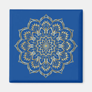 Íman Padrão Floral de Mandala Azul e Dourado Elegante