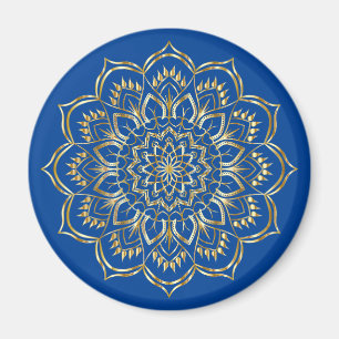 Íman Padrão Floral de Mandala Azul e Dourado Elegante