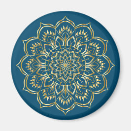 Íman Padrão Floral de Mandala Azul Elegante e Dourado