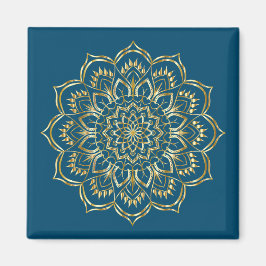Íman Padrão Floral de Mandala Azul Elegante e Dourado