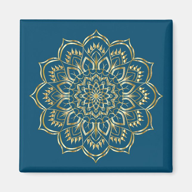 Íman Padrão Floral de Mandala Azul Elegante e Dourado (Frente)