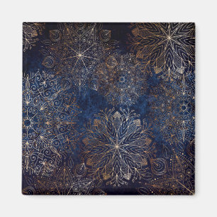 Íman Padrão Floral de Mandala Azul Escuro e Dourado ele