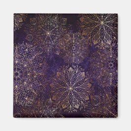 Íman Padrão Floral de Mandala Elegante Dourado e Roxo