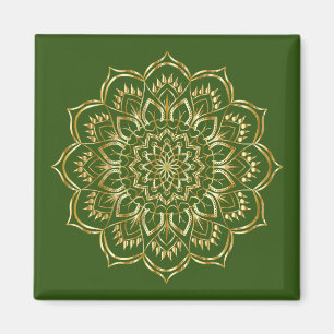Íman Padrão Floral de Mandala Elegante Verde e Dourada