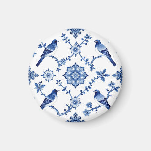 Íman Padrão Floral de Pássaro Chinoiserie Azul