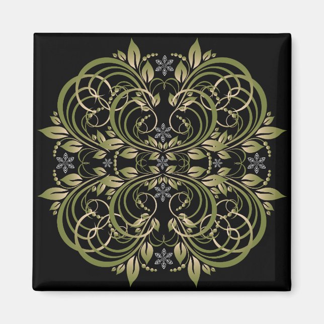 Íman padrão floral decorativo verde (Frente)