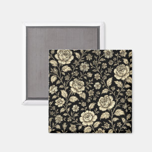 Íman Padrão Floral Rosa Dourada Vintage em Preto