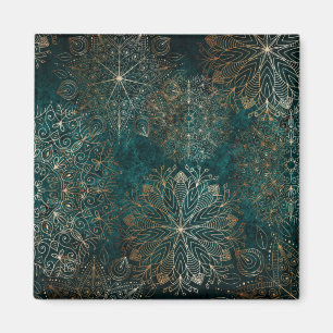 Íman Padrão Floral Verde Elegante, Dourado e Teal