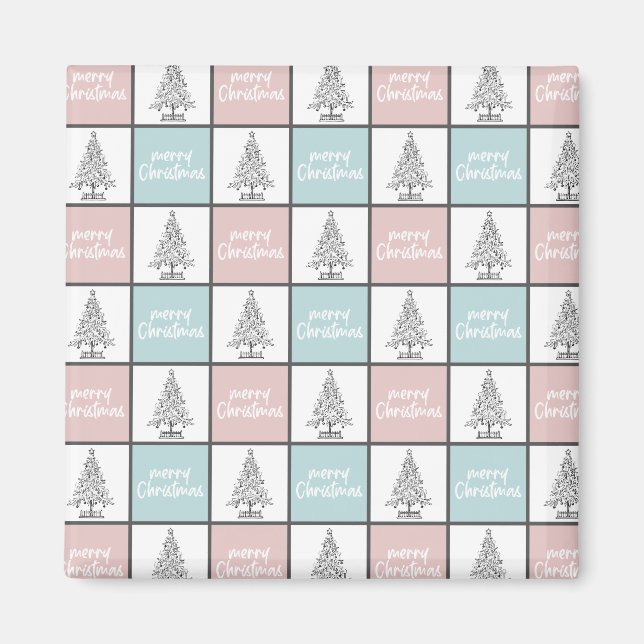 Íman Padrão Moderno do Pastel Azul e Rosa de Natal (Frente)