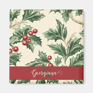 Íman Padrão Monograma de Holly & Berries Natais vintage