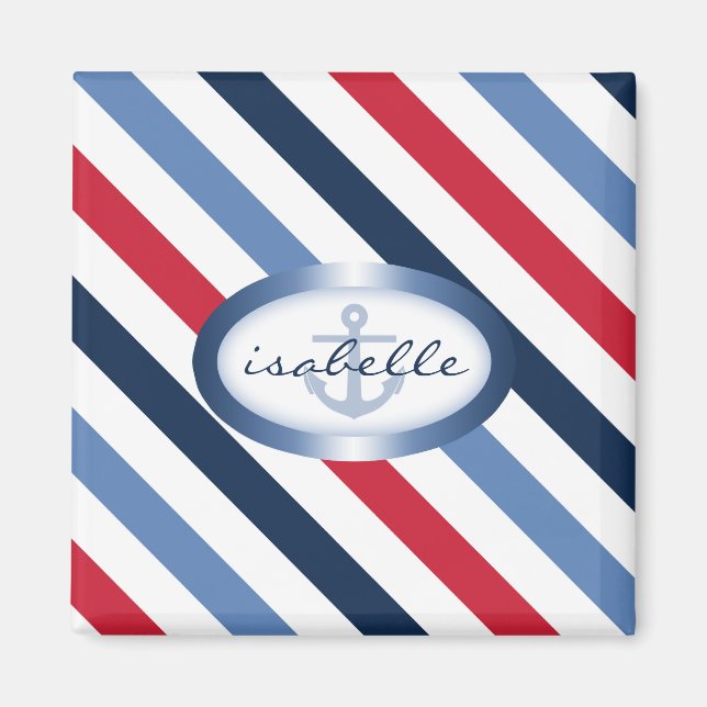 Íman Padrão Náutico Personalizado de Stripe e Âncora (Frente)