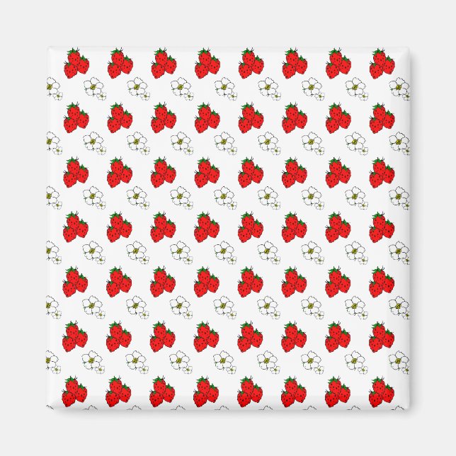 Íman Padrão Retro de Morango Vermelho e Flor (Frente)