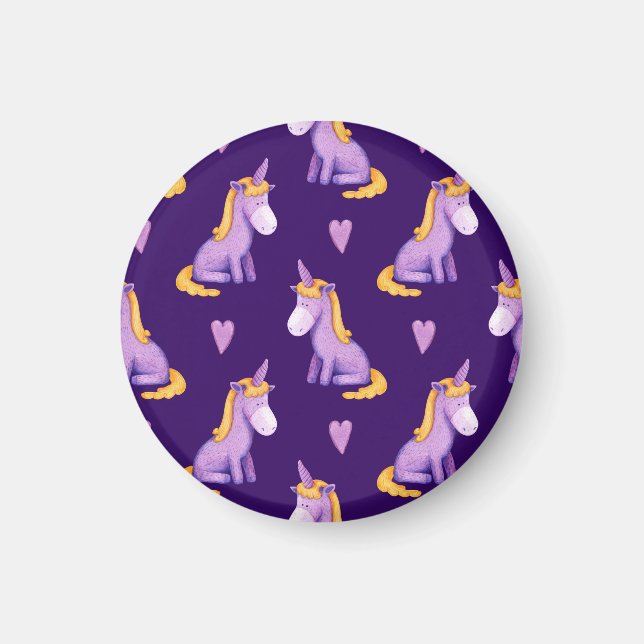 Íman Padrão Violet Unicorns Hearts Watercolor. (Frente)
