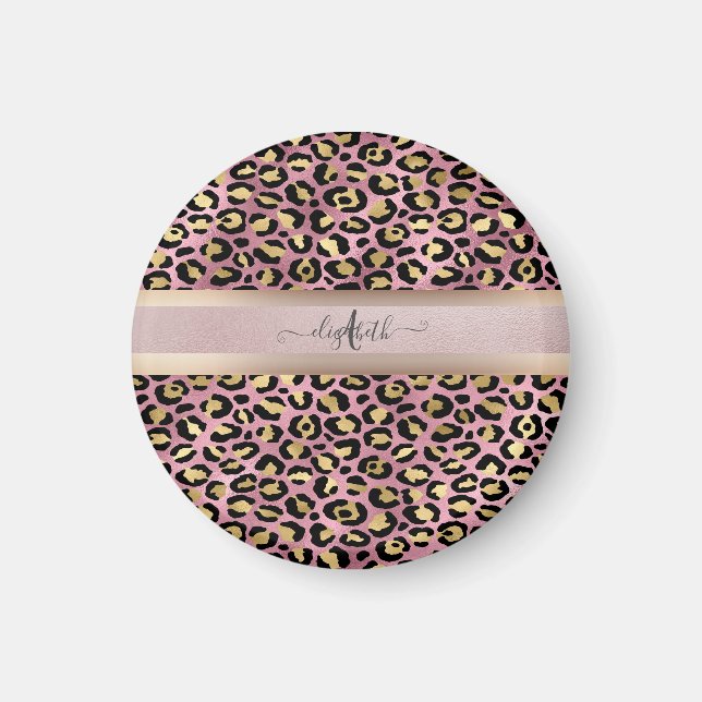 Íman Padrões leopardo Monograma Rosa Dourado Preto (Frente)