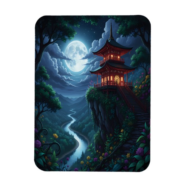 Íman Pagode Japonesa ao Luar em uma Falésia (Vertical)