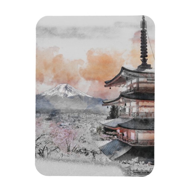 Íman Pagode Japonesa em Aquarela & Mt. Fuji  (Vertical)