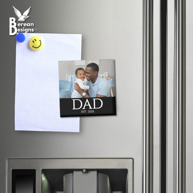 Íman Pai Estabeleceu Ímã de Presente de Foto (DAD ESTABLISHED black magnet with customizable photo and year. Ideal gift for Father's Day. )