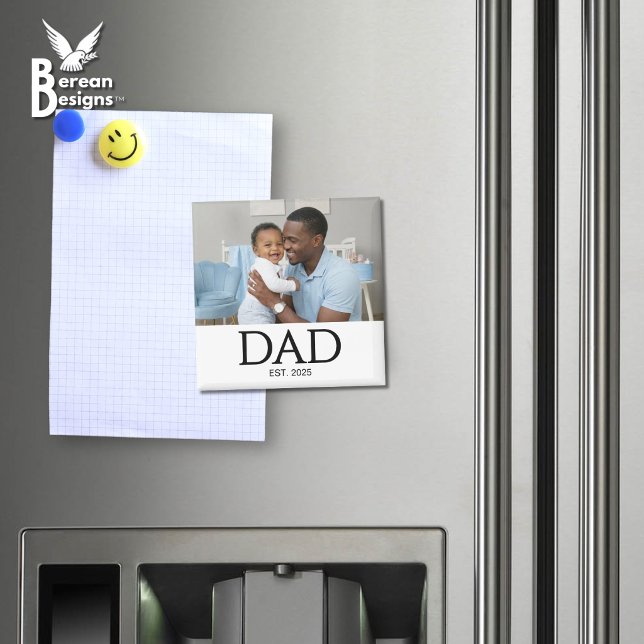 Íman Pai Estabeleceu Ímã de Presente de Foto (DAD ESTABLISHED white magnet with customizable photo and year. Ideal gift for Father's Day. )