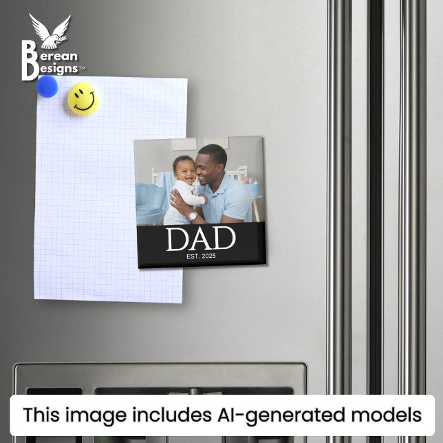 Íman Pai Estabeleceu Ímã de Presente de Foto (DAD ESTABLISHED black magnet with customizable photo and year. Ideal gift for Father's Day. )
