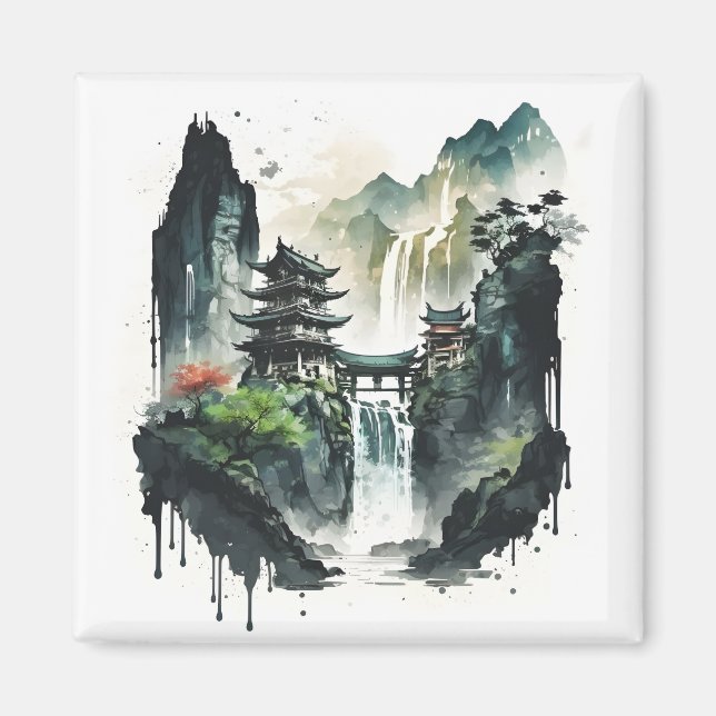 Íman Paisagem Chinesa Antiga com Cascata (Frente)